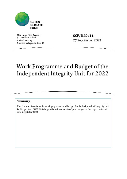 Document cover for Work Programme and Budget of the Independent Integrity Unit for 2022