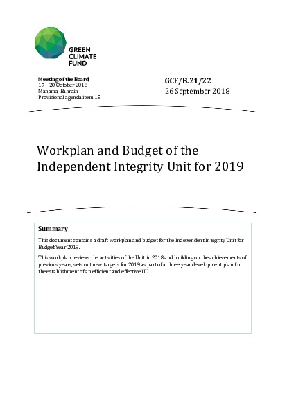 Document cover for 2019 Workplan and Budget of the Independent Integrity Unit