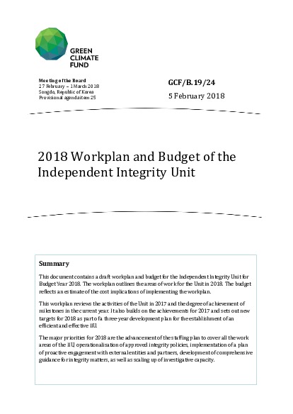 Document cover for 2018 Workplan and Budget of the Independent Integrity Unit