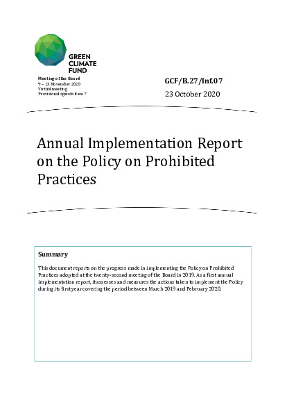 Document cover for 2019 Annual Implementation Report on the Policy on Prohibited Practices