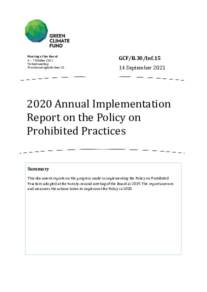Document cover for 2020 Annual Implementation Report on the Policy on Prohibited Practices