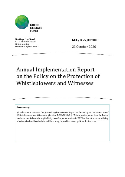 Document cover for 2019 Annual Implementation Report on the Policy on the Protection of Whistleblowers and Witnesses