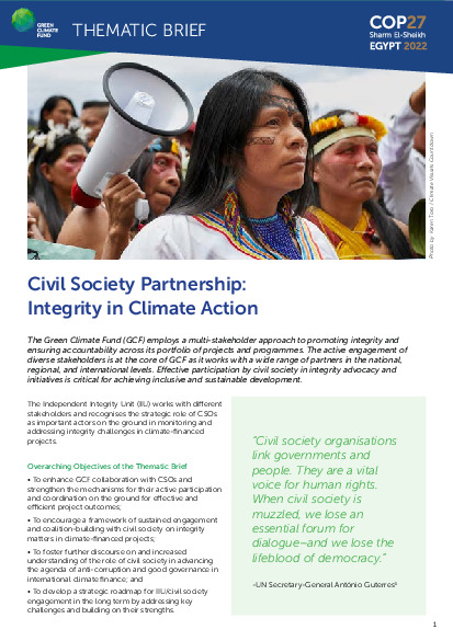 Document cover for Thematic brief: Civil society partnership: Integrity in climate action