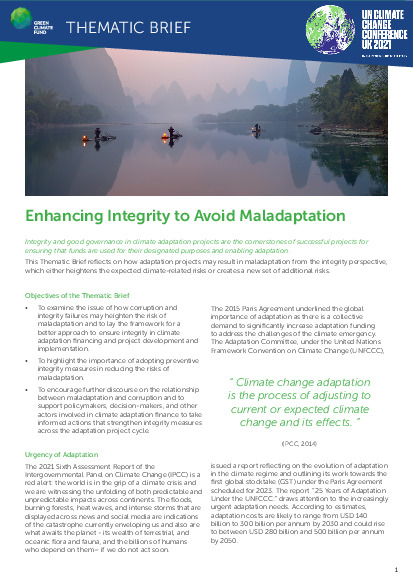 Document cover for Thematic brief: Enhancing integrity to avoid maladaptation