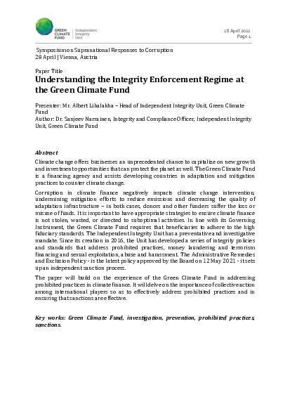 Document cover for Understanding the Integrity Enforcement Regime at the Green Climate Fund