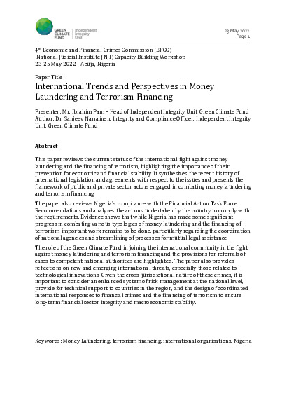 Document cover for International Trends and Perspectives in Money Laundering and Terrorism Financing
