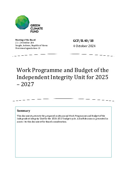 Document cover for Work Programme and Budget of the Independent Integrity Unit for 2025-2027