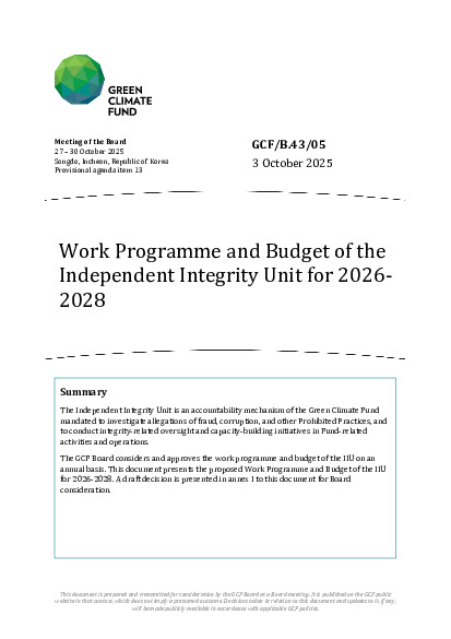 Document cover for Work Programme and Budget of the Independent Integrity Unit for 2026-2028