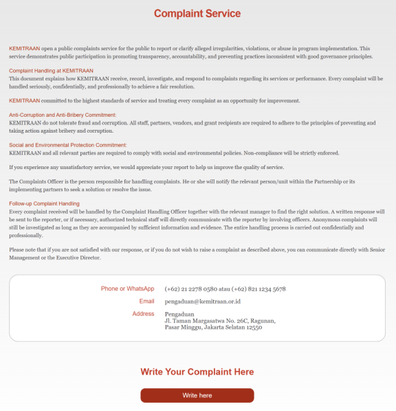 Screenshot of the whistleblower mechanism on the Kemitraan website