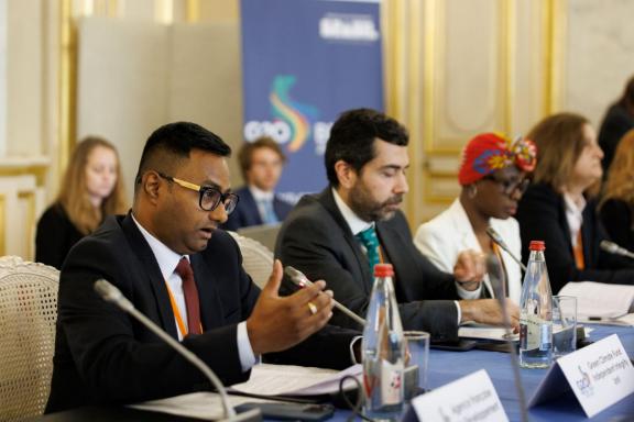 Dr. Sanjeev Narrainen speaking at the G20 Anti-Corruption Working Group. Photo courtesy of the Ministry of Europe and Foreign Affairs