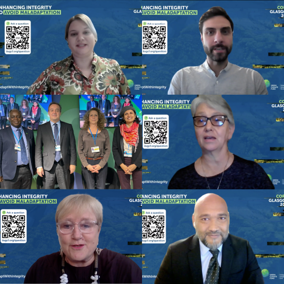 Screen capture and photo of panelists who spoke in the session after the launch of the thematic brief. (From L to R) Rennie Valladares, Head of the Office of Integrity and Compliance, Central American Bank for Economic Integration (CABEI); Brice Böhmer, Climate and Environmental Lead, Transparency International; Ibrahim Pam, Head of the Independent Integrity Unit, GCF; Yannick Glemarec, Executive Director, GCF; Maria-José Poddey, Head of Climate Policy Support Programme, Deutsche Gesellschaft für Internationale Zusammenarbeit (GIZ); Moderator, Jyotsna Puri, Associate Vice-President, International Fund for Agricultural Development (IFAD); Barbara Schreiner – Executive Director, Water Integrity Network (WIN); Coleen Vogel, Professor, University of Witwatersrand; and Host, Albert Lihalakha, Deputy Head of the Independent Integrity Unit, GCF